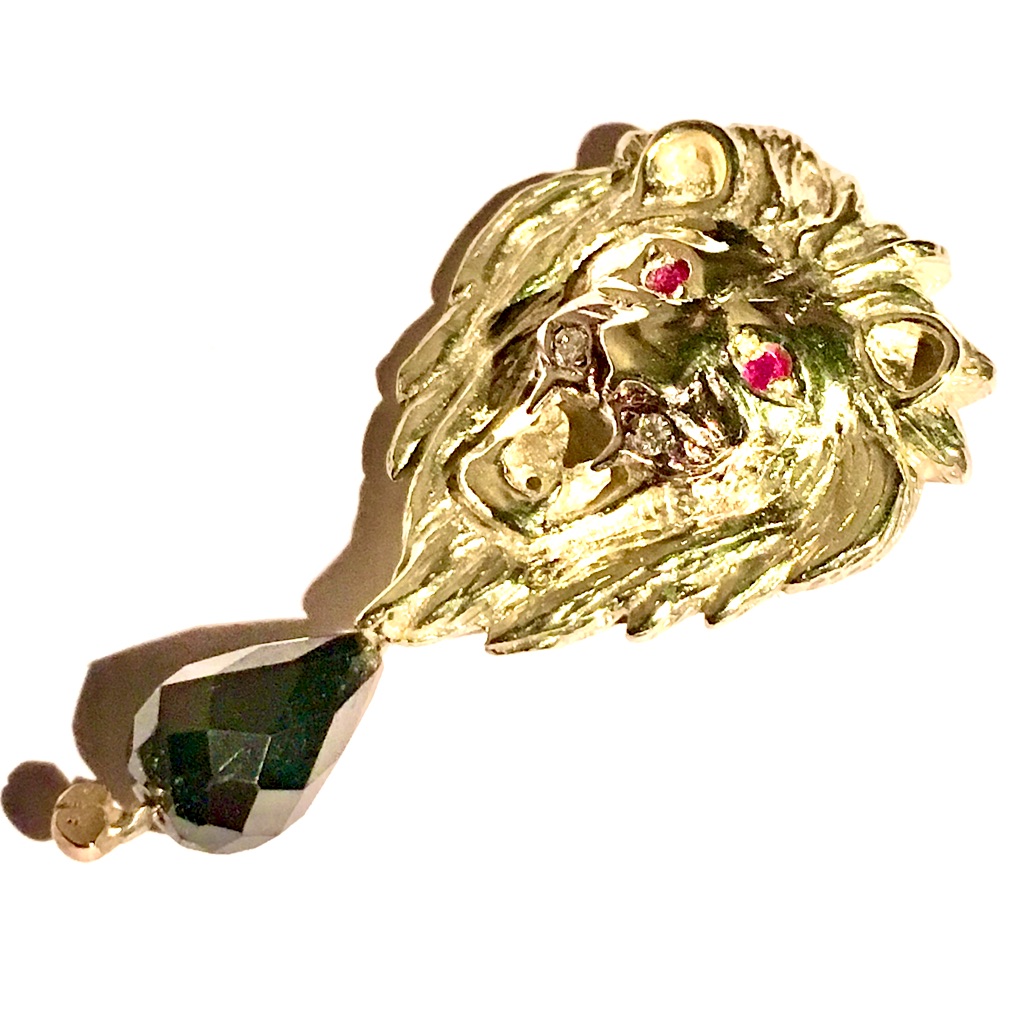 Ooak 14k Natural Diamond Ruby Large Black Diamond Male Lion Pendant